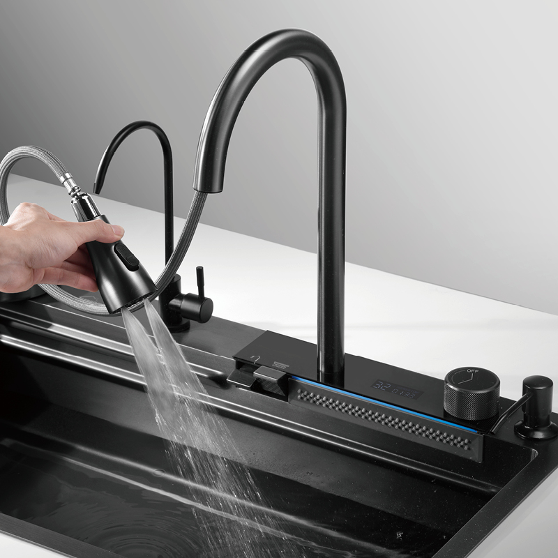 Cachoeira de cozinha samliyu sob a casa grande pia única S.S304 Pia de metal escovada Pia de metal de tubarão digital Torneira de chuva voadora