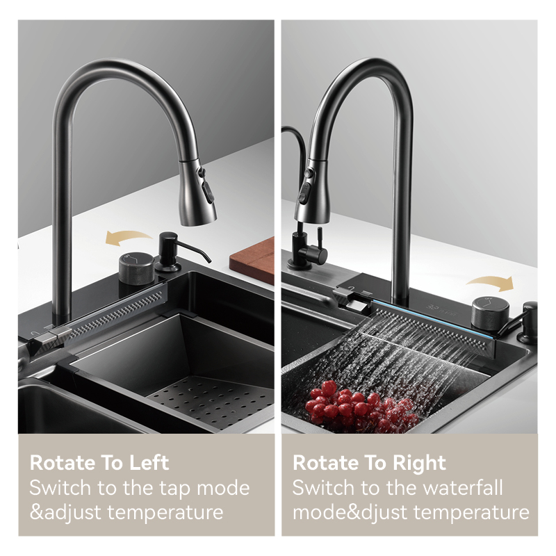 Cachoeira de cozinha samliyu sob a casa grande pia única S.S304 Pia de metal escovada Pia de metal de tubarão digital Torneira de chuva voadora