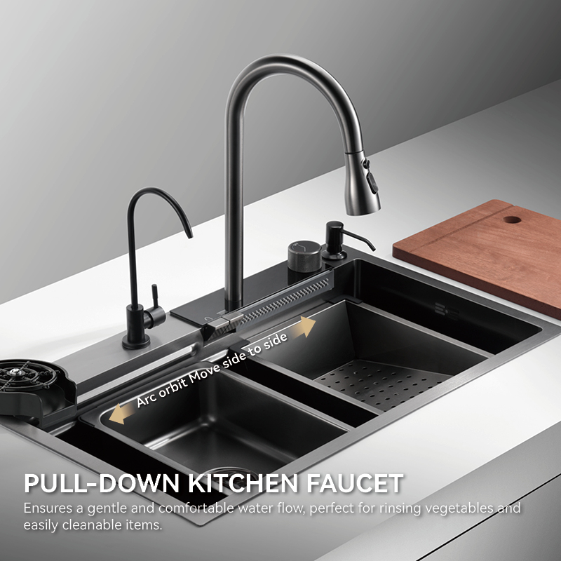 Cachoeira de cozinha samliyu sob a casa grande pia única S.S304 Pia de metal escovada Pia de metal de tubarão digital Torneira de chuva voadora