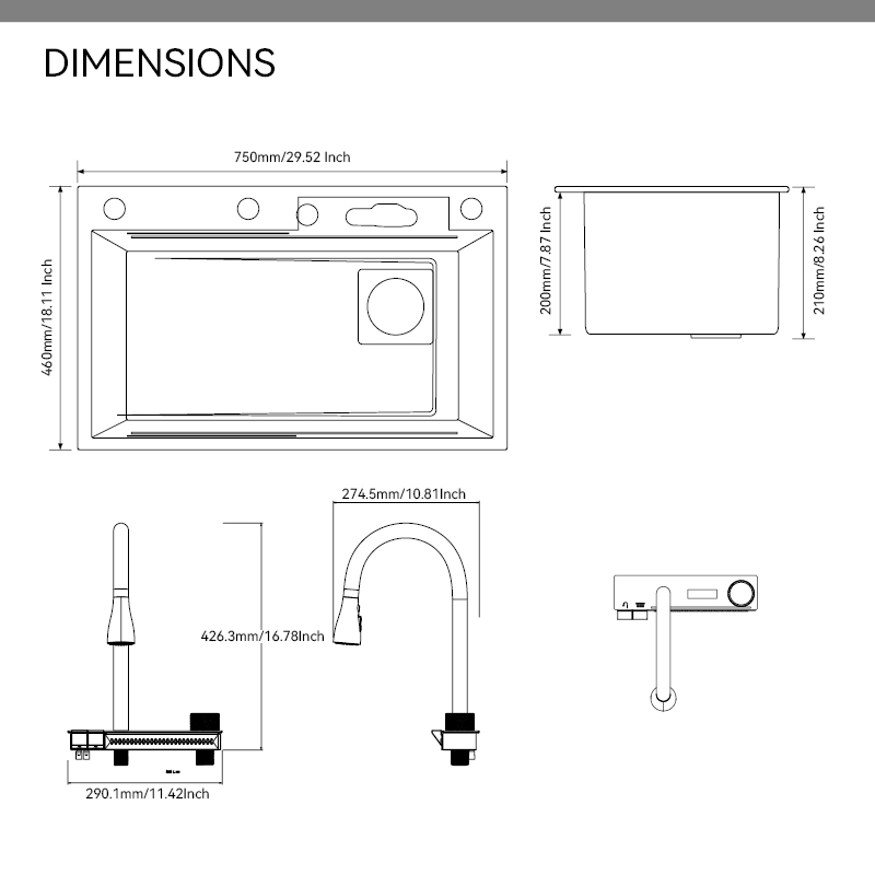 Cachoeira de cozinha samliyu sob a casa grande pia única S.S304 Pia de metal escovada Pia de metal de tubarão digital Torneira de chuva voadora