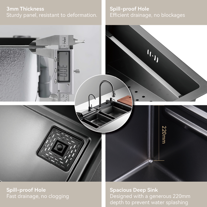 Cachoeira de cozinha samliyu sob a casa grande pia única S.S304 Pia de metal escovada Pia de metal de tubarão digital Torneira de chuva voadora