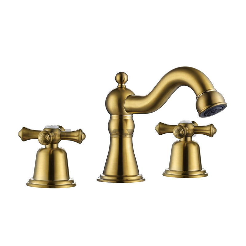 Torneira de pia de banheiro generalizada astutiva 3 orifício de 3 orifício Monta de dupla maçaneta de bronze antigo, pincelada de água fria quente, torneira de bacia de níquel